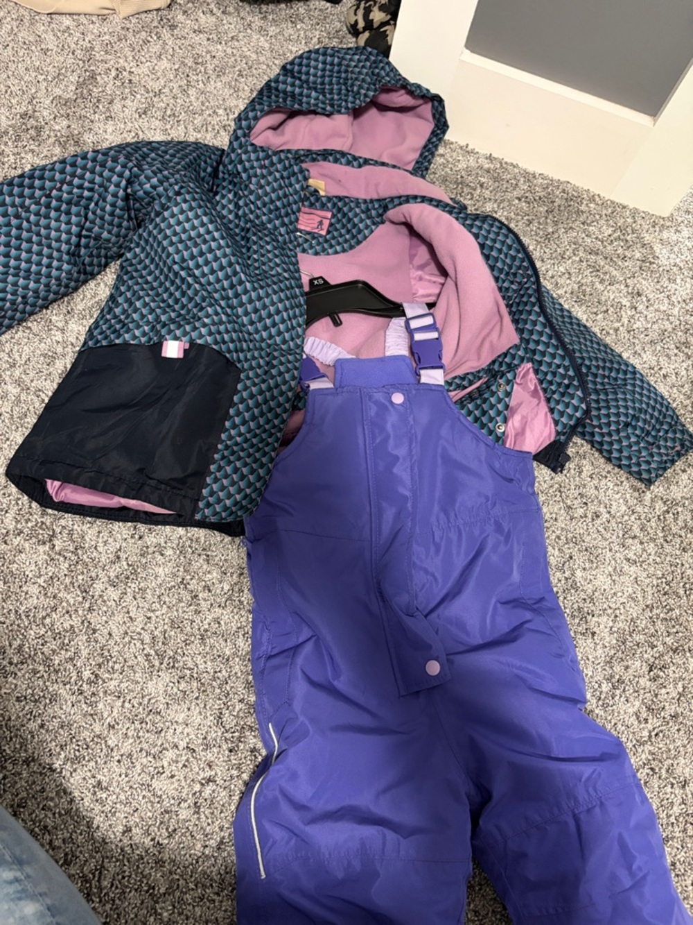 Kids Purple Snow Bib Overalls with Teal Patterned Hooded Jacket